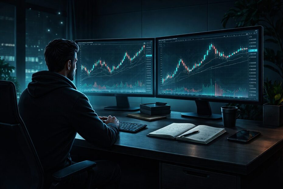 Trader analyzing cryptocurrency market charts
